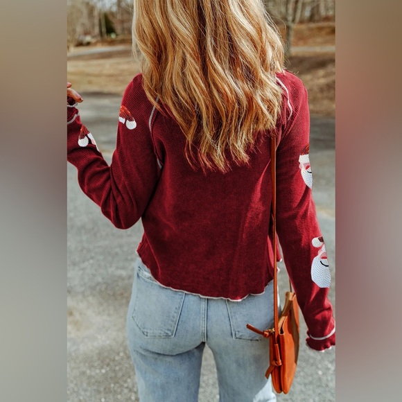 Sequin Santa Round Neck Long Sleeve Blouse - Picture 3 of 6